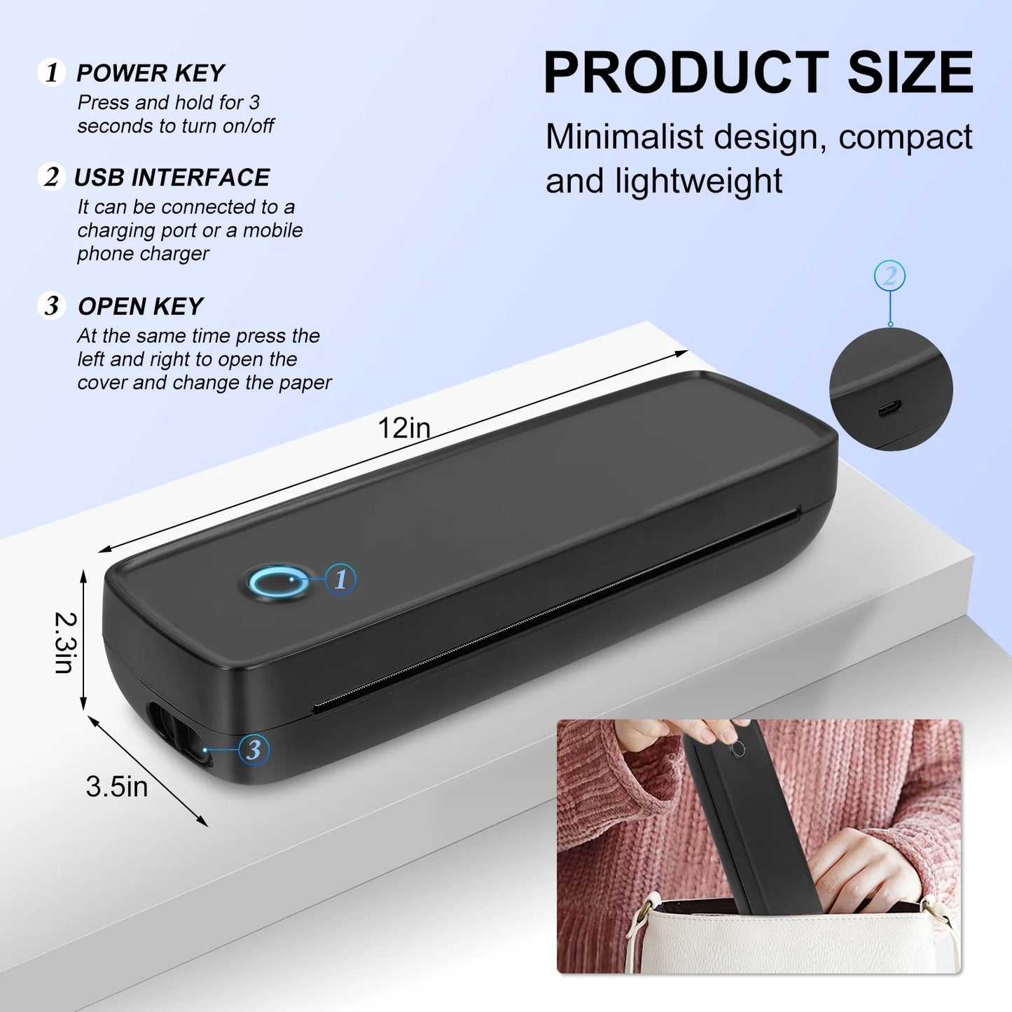 Portable Printers Wireless for Travel, Bluetooth Thermal Printer Support 8.5" X 11" US Letter, Inkless Printer for A4 Thermal Paper, Compatible with Android iOS & Laptop for Office Car Home, Black