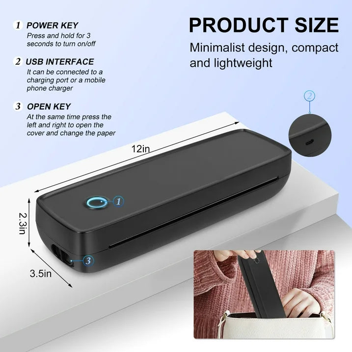 Portable Printer for Travel, Wireless Bluetooth Thermal Printer Supports 8.5 x 11 inch US Letter & A4 Thermal Paper, 300DPI Inkless Printer Compatible with Android iOS & Laptop for Office Car Home