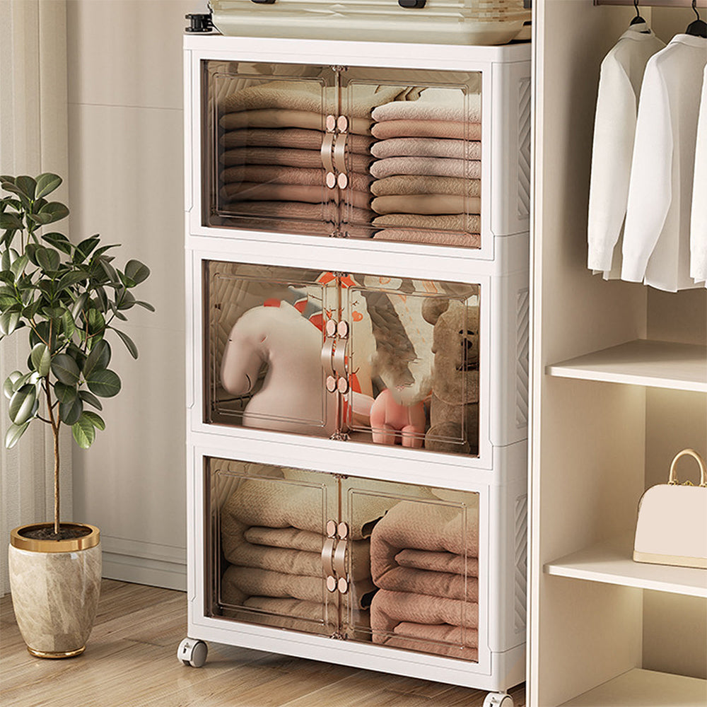 Fyydes 3 Pack Foldable Stackable Lidded Storage Box Containers with Lids and Wheels and Double Doors for Book Storage