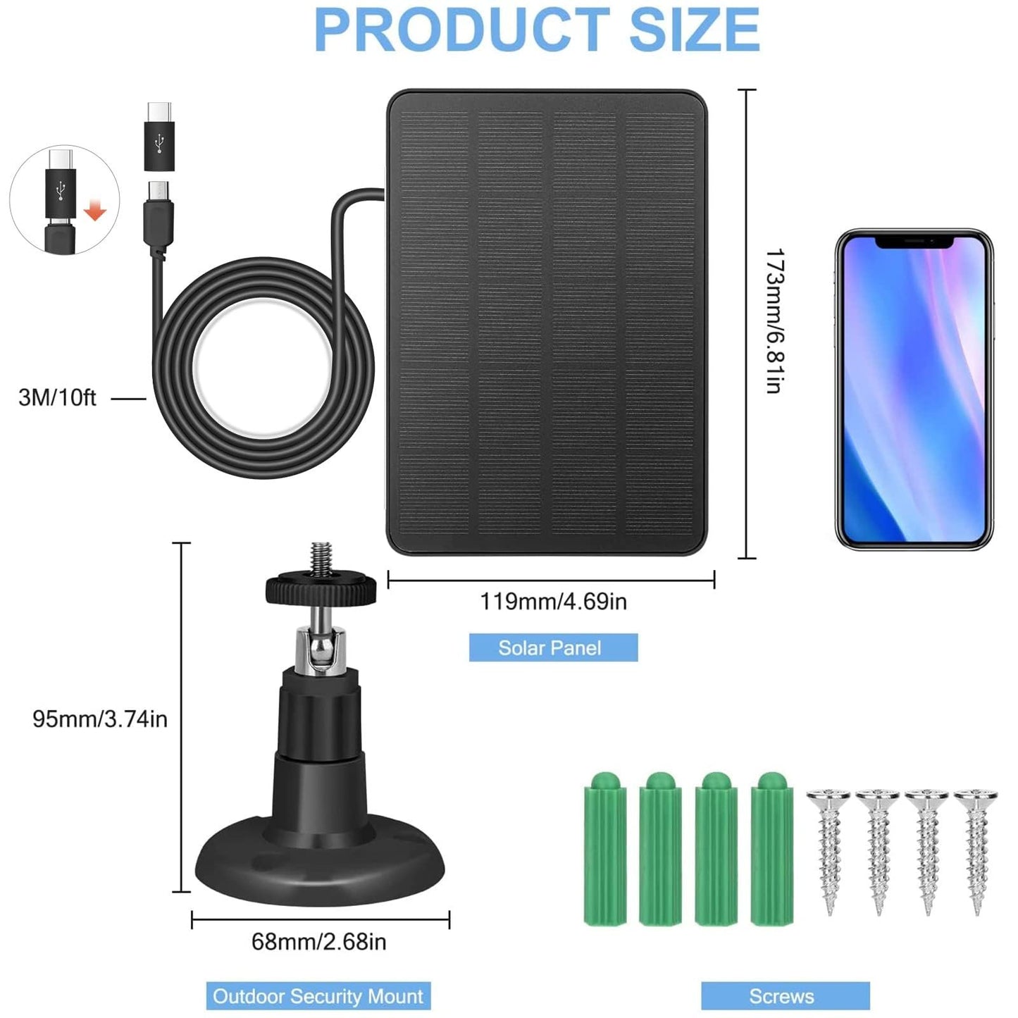 Solar Panel for Security Camera, 4W USB Solar Panel for DC 5V Outdoor Rechargeable Battery Camera, IP65 Waterproof, Support Micro USB & USB C Port with 9.8ft Cable, Adjustable Security Mount, Black