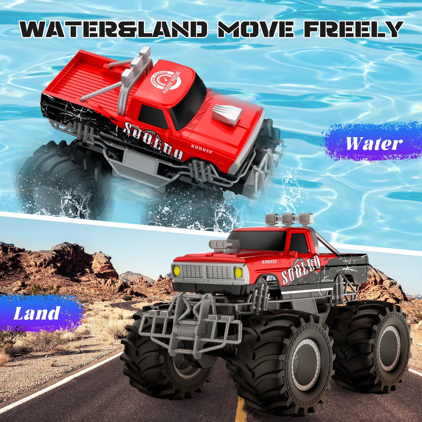 Amphibious Remote Control Car Toys for Boys Girls 2.4GHz 1:16 All Terrain Off-Road RC Car Waterproof RC Monster Truck Kids Pool Toys Remote Control Boat Gifts for Christmas