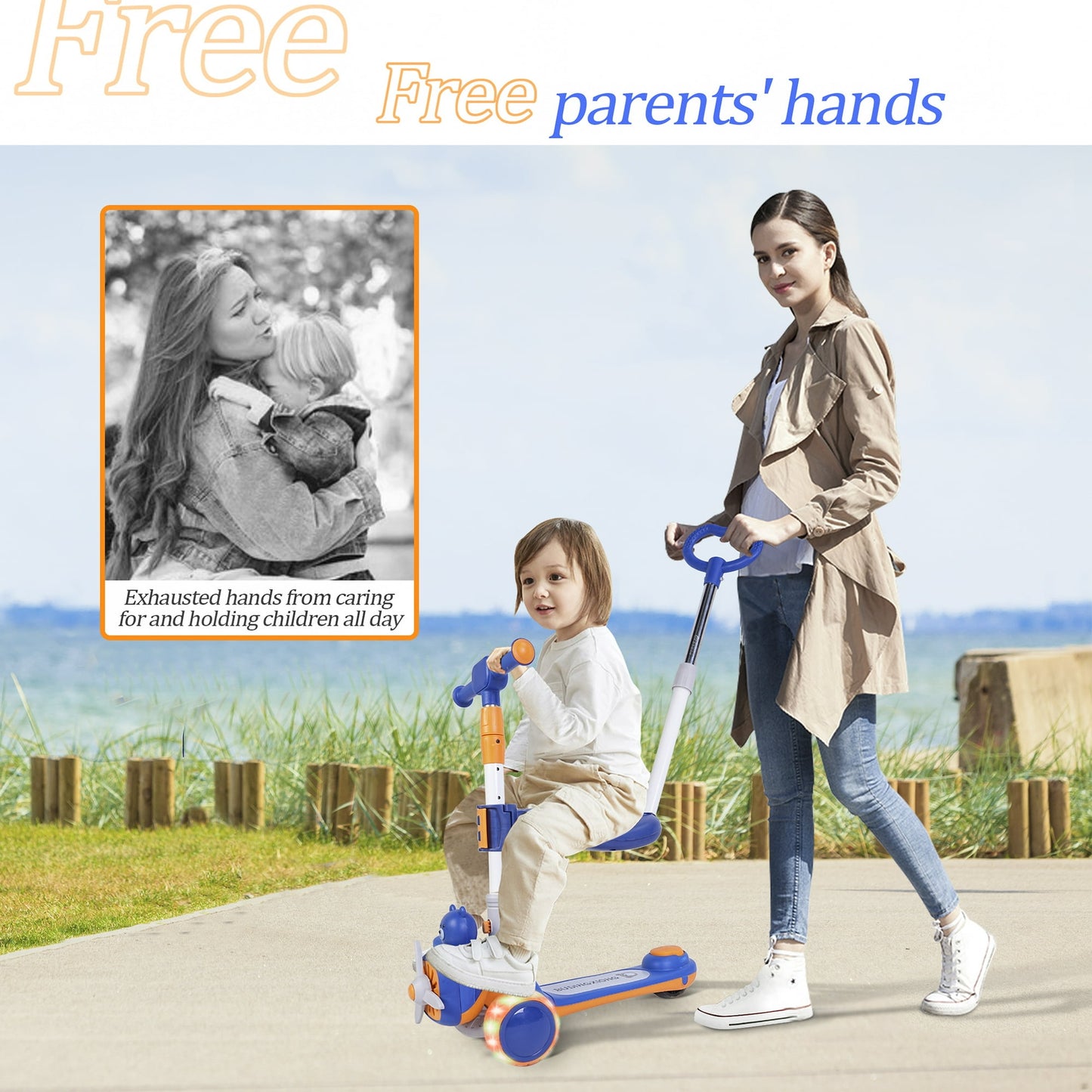3-Wheeled Kids Scooter with Foldable Seat, Adjustable Handlebar & Push Bar, Light-up Wheels, Kick Scooter Sit or Stand Ride Kids Scooter with Brake for Boys Girls