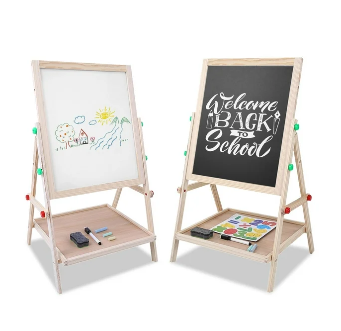 Brrnoo Adjustable Height Double Sided Kids Art Easel Wooden Standing Easel, Dry Erase Board and Chalkboard