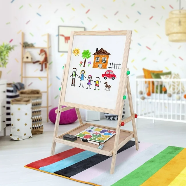 Brrnoo Adjustable Height Double Sided Kids Art Easel Wooden Standing Easel, Dry Erase Board and Chalkboard