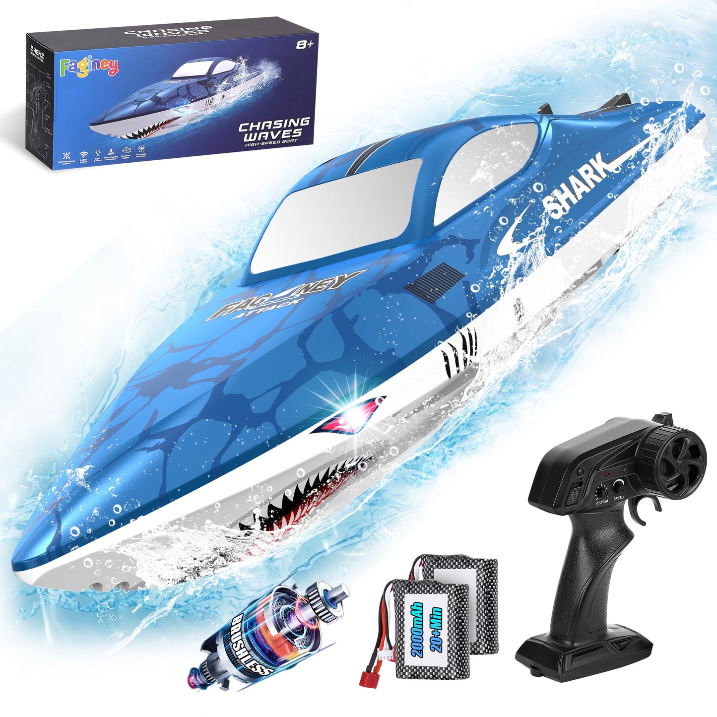 FAGINEY Brushless RC Boat 34 MPH(55 KPH) Fast Remote Control Boat 2.4GHz Racing Boat with LED Lights, High Speed RC Boats for Adults Boys Girls