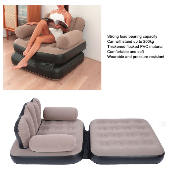 Inflatable Sofa Bed, Foldable Thickened Flocked PVC Blow Up Sofa, 5-in-1 Air Couch Mattress For Camping Pump Not Included