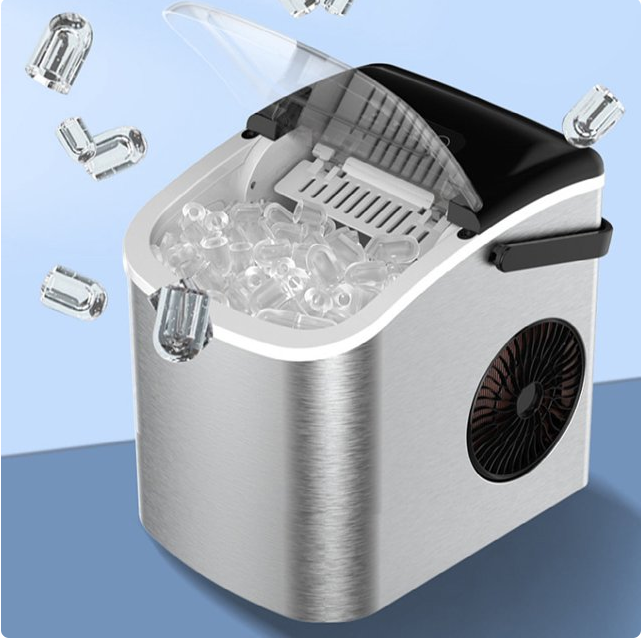 Fyydes Stainless Steel Countertop Ice Maker, 33Lbs In 24Hrs Ice 9 Cubes In 6 Mins, Auto-Cleaning with Ice Scoop and Basket
