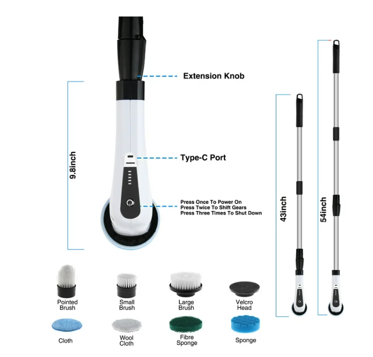 Electric Spin Scrubber Cordless Handheld Adjustable Smart Power Shower Cleaning Brush 25W for Bathroom Tile Floor Car