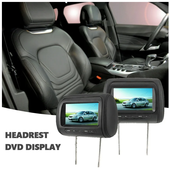 Wireless Adjustable Headrest LCD Car Video Monitors with Data Cable, Black, 7 inches, 2 pieces