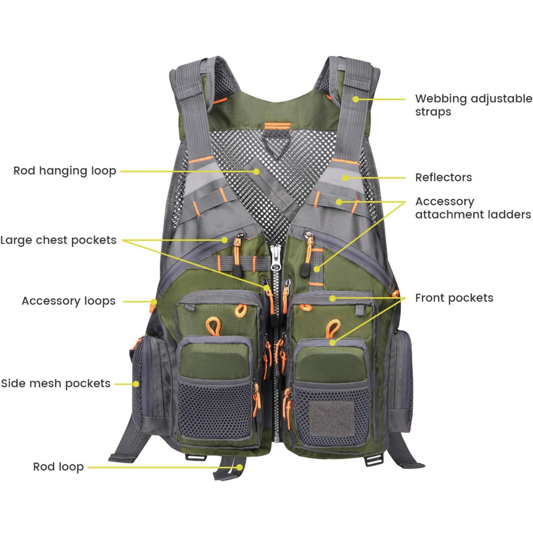 Fly Fishing Vest for Men Women, Comfortable Adjustable Fishing Vest with Multi-Pockets Reflective Stripes, Lightweight and Durable Unisex Strap Fishing Vest Pack, for Fly Bass Fishing