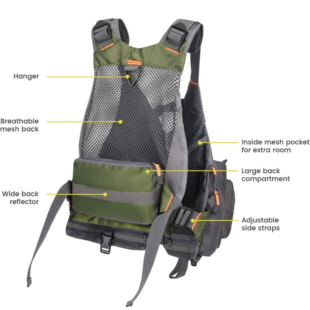 Fly Fishing Vest for Men Women, Comfortable Adjustable Fishing Vest with Multi-Pockets Reflective Stripes, Lightweight and Durable Unisex Strap Fishing Vest Pack, for Fly Bass Fishing
