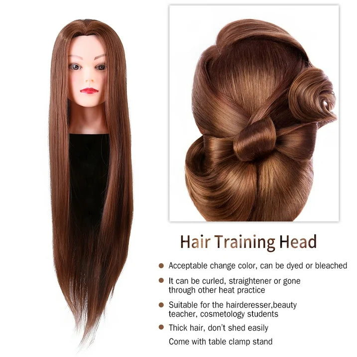 Synthetic Fiber Hair 24" Mannequin Head Hairdresser Training Head Manikin Cosmetology Doll Head with Table Clamp Holder