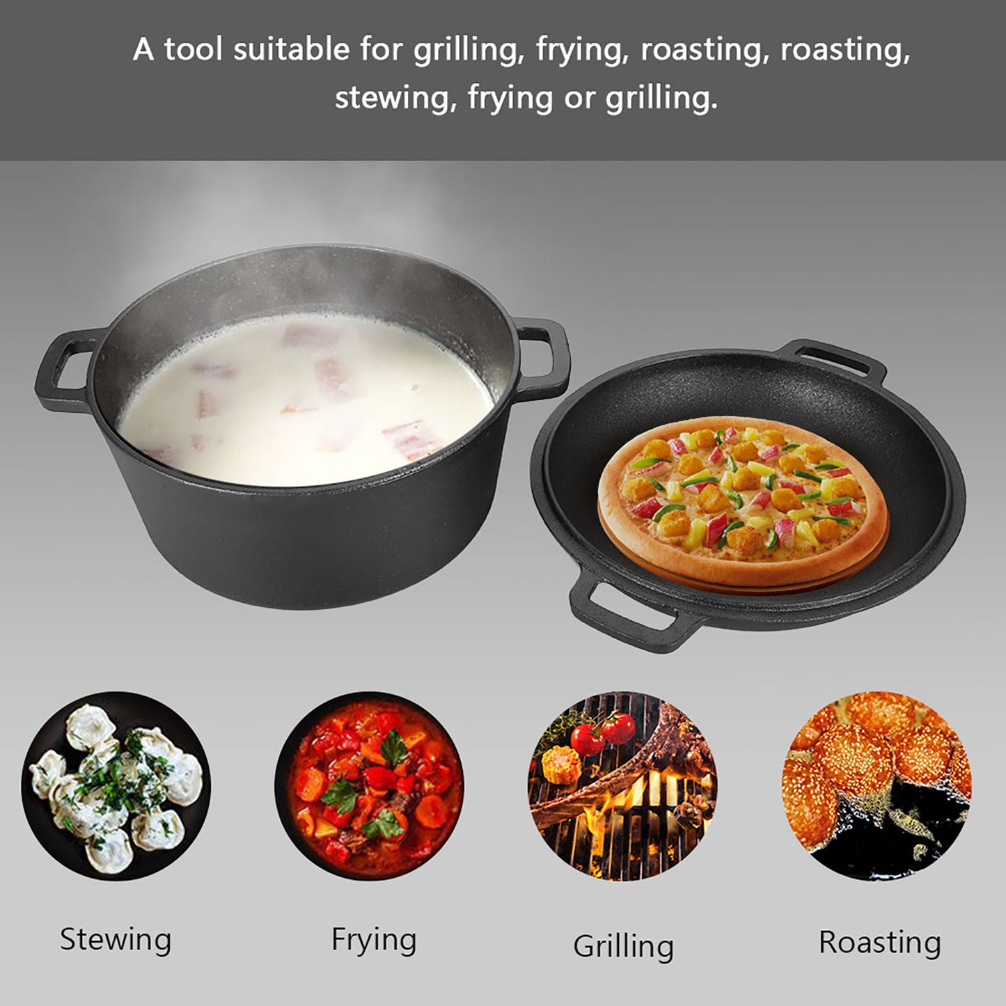 2 in 1 Seasoned Cast Iron Double Dutch Oven Combo Cooker, Enameled Double Dutch Oven