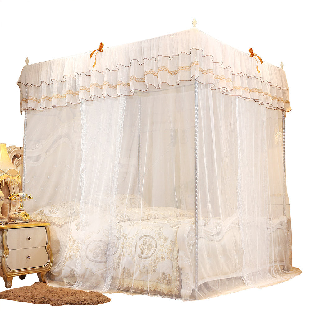 Fyydes 4 Corners Post Three Side Openings Bed Canopy Curtains Drape Canopy Bed Netting for King Bed