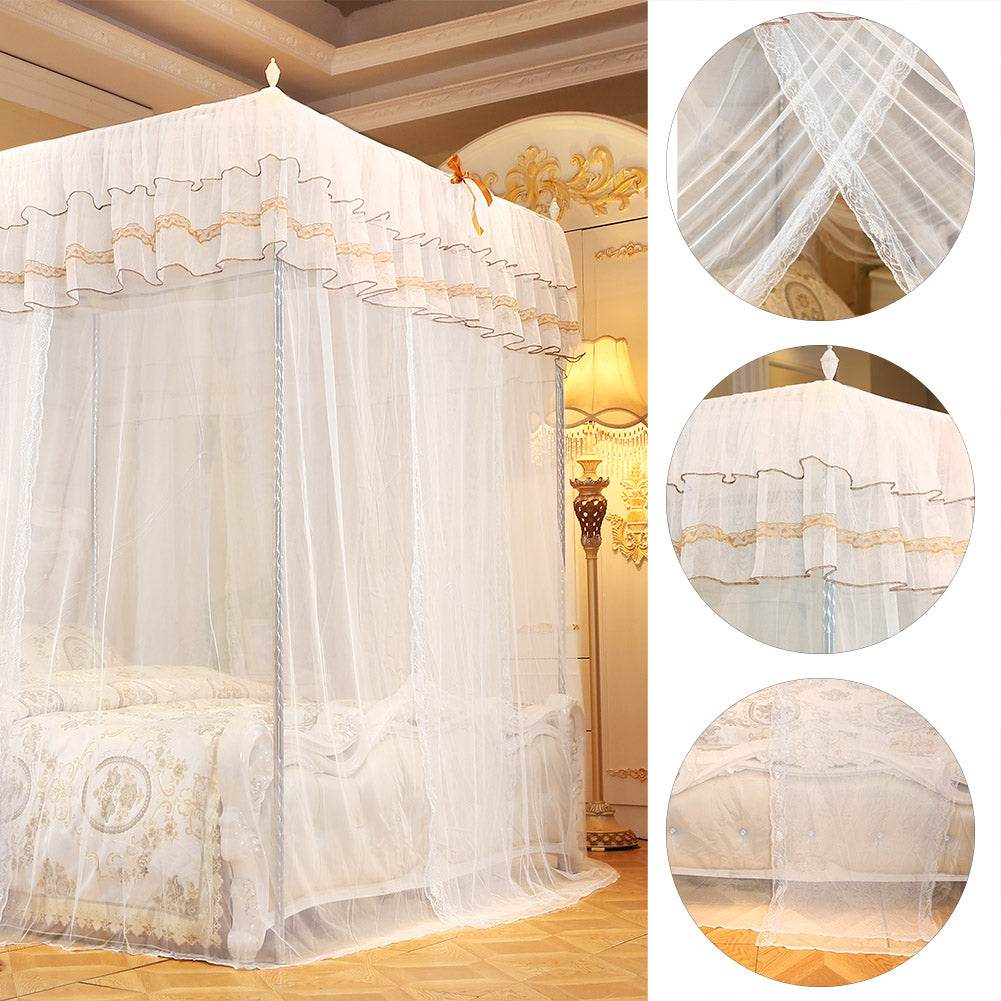 Fyydes 4 Corners Post Three Side Openings Bed Canopy Curtains Drape Canopy Bed Netting for King Bed