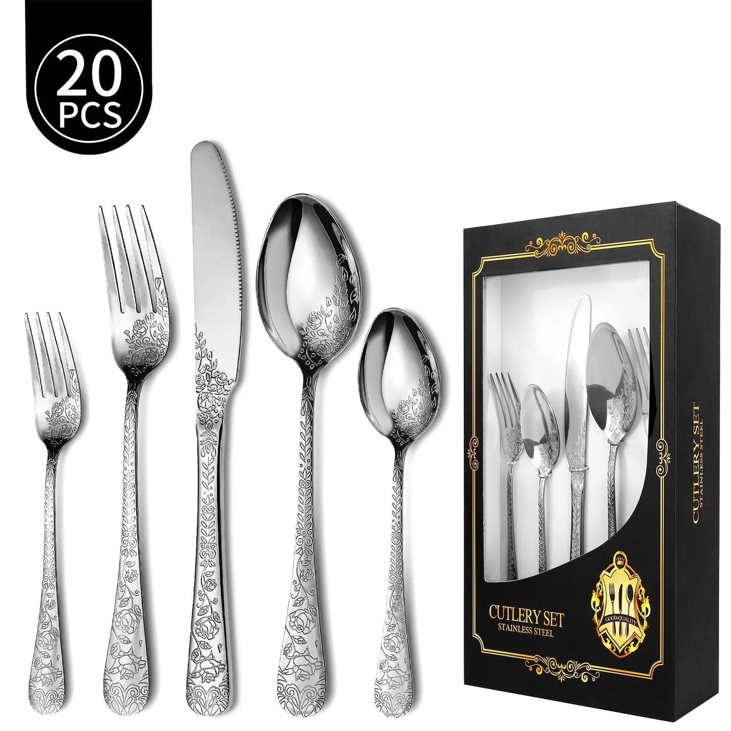 LHCER 20PCS Silverware Set Service for 4, Stainless Steel Titanium Silver Plating Flatware Set, Knives Forks Spoons Tea Forks Teaspoons Kits with Flower Pattern for Kitchen Restaurant Party Sliver