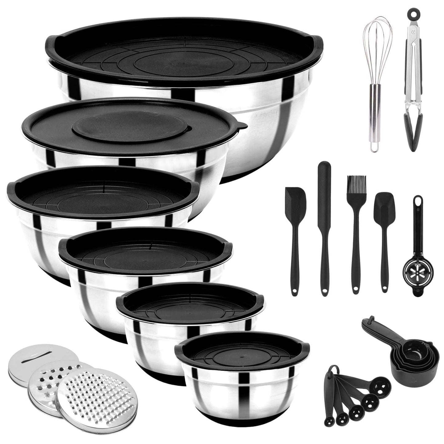 Mixing Bowls with Lids, 32 Piece Stainless Steel Bowls Set, 3 Grater Attachments & Black Non-Slip Bottoms Size 7, 4, 3.5, 2.5, 2, 1.5QT