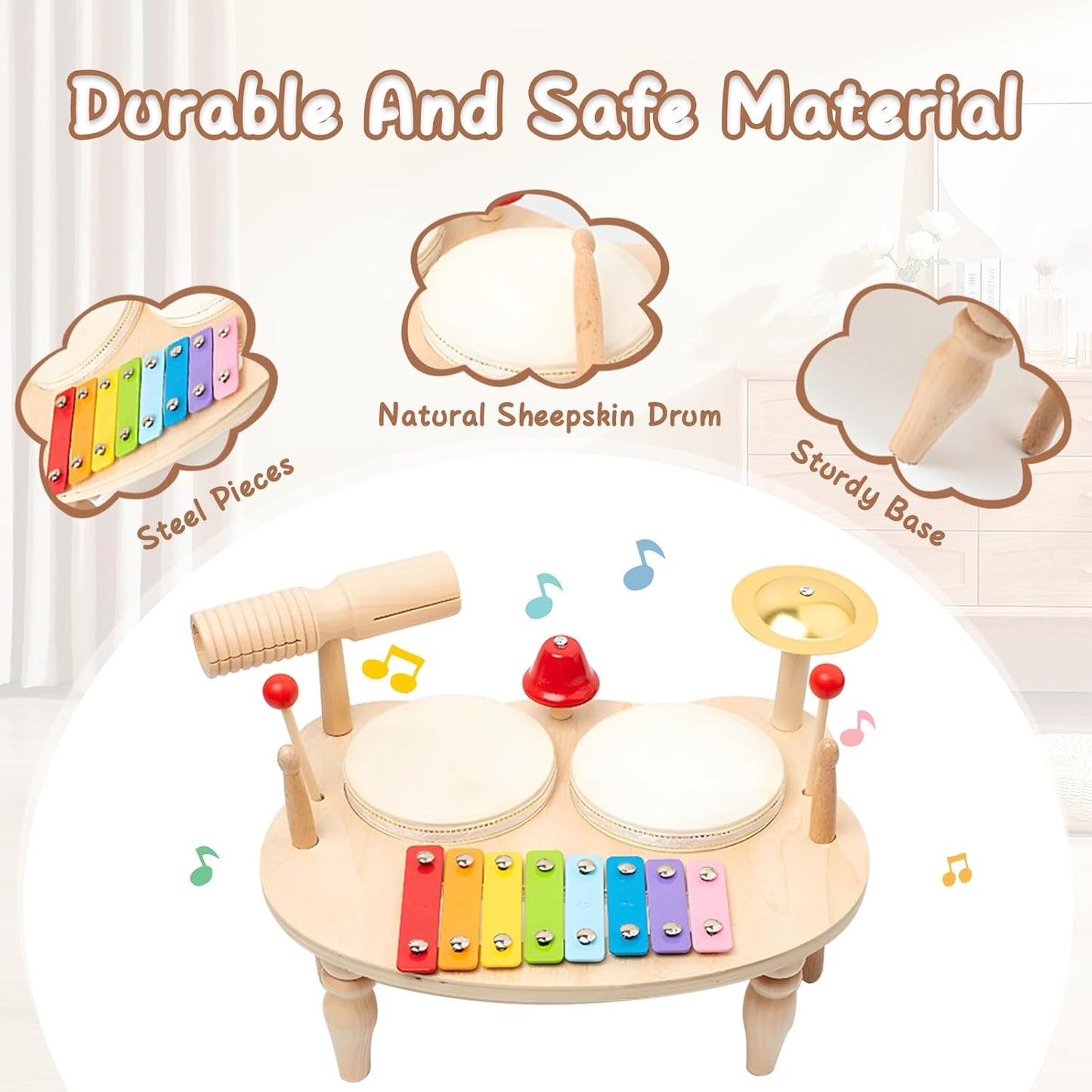 Kids Drum Set, 5 IN 1 Kids Musical Instruments Xylophone for Kids Toddlers 1-3, Wooden Percussion Instrument Baby Music Toys, Baby Sensory Toys Christmas Months Birthday New Year Gifts for Girls Boys