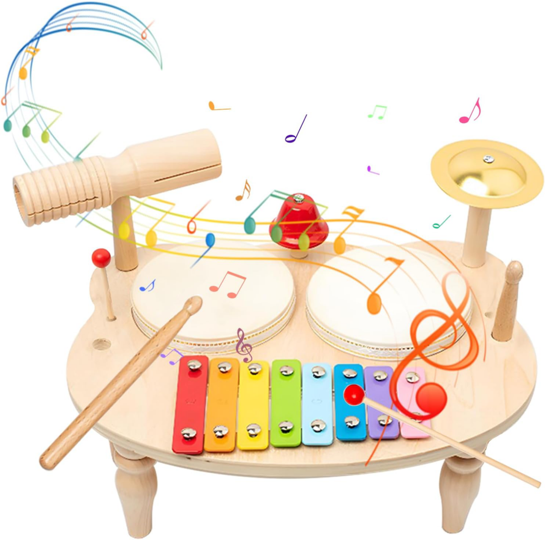 Kids Drum Set, 5 IN 1 Kids Musical Instruments Xylophone for Kids Toddlers 1-3, Wooden Percussion Instrument Baby Music Toys, Baby Sensory Toys Christmas Months Birthday New Year Gifts for Girls Boys