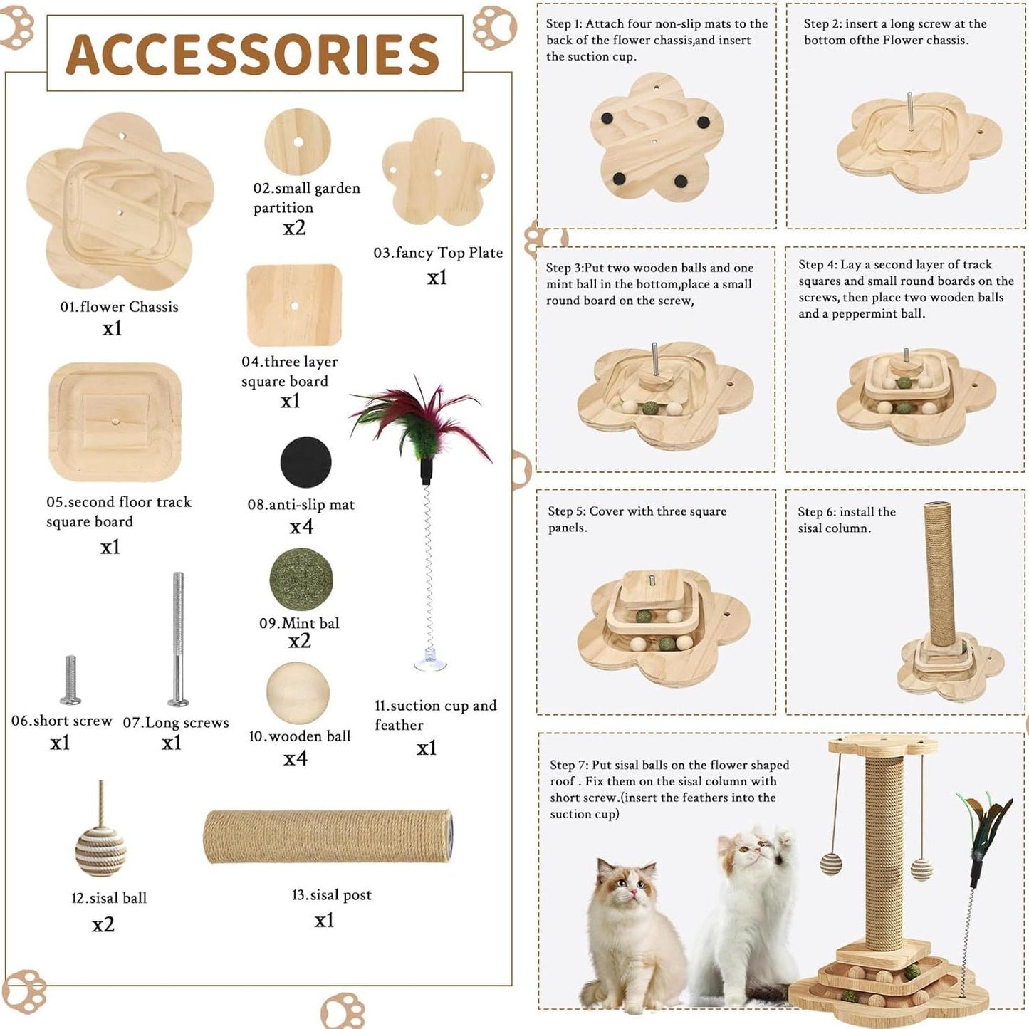 15.7" Cat Scratching Post With Board Base, Cat Scratcher Pole Tower With Sisal Toy,Track Toys,Feather Toys For Indoor Cats
