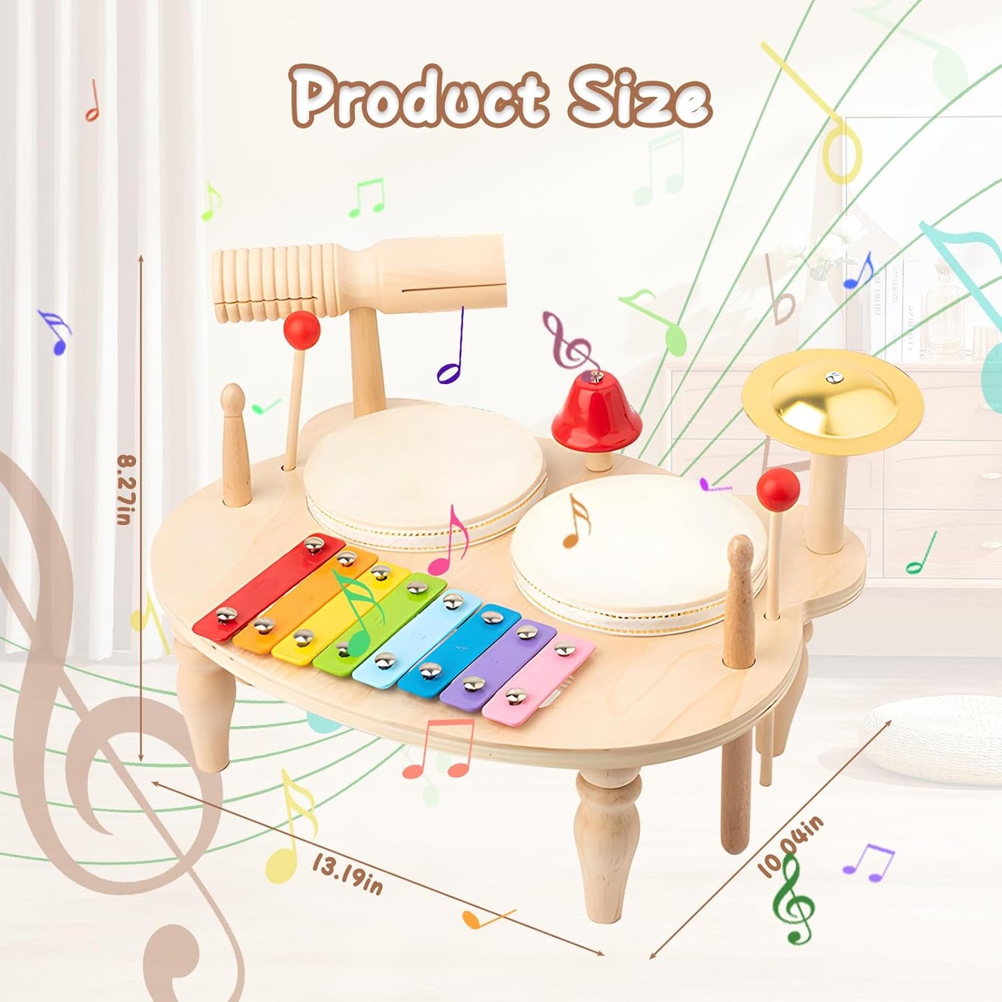 Kids Drum Set, 5 IN 1 Kids Musical Instruments Xylophone for Kids Toddlers 1-3, Wooden Percussion Instrument Baby Music Toys, Baby Sensory Toys Christmas Months Birthday New Year Gifts for Girls Boys