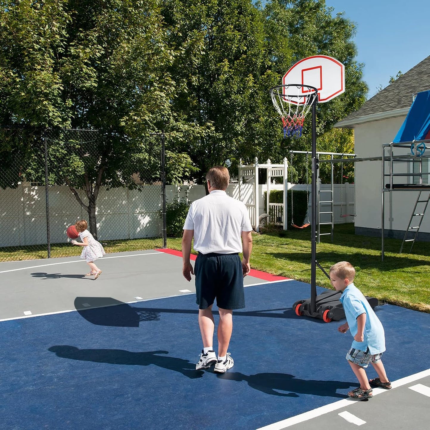Portable Basketball Hoop System, 5.4FT to 9FT Height Adjustable Basketball Goal System with 30 inch PVC Backboard, Indoor Outdoor Portable Sport System with Fillable Base and 2 Transport Wheels