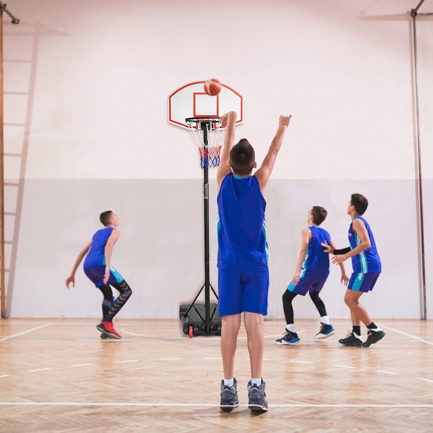 Portable Basketball Hoop System, 5.4FT to 9FT Height Adjustable Basketball Goal System with 30 inch PVC Backboard, Indoor Outdoor Portable Sport System with Fillable Base and 2 Transport Wheels