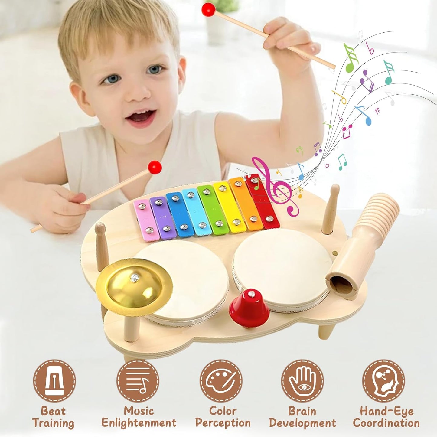Kids Drum Set, 5 IN 1 Kids Musical Instruments Xylophone for Kids Toddlers 1-3, Wooden Percussion Instrument Baby Music Toys, Baby Sensory Toys Christmas Months Birthday New Year Gifts for Girls Boys