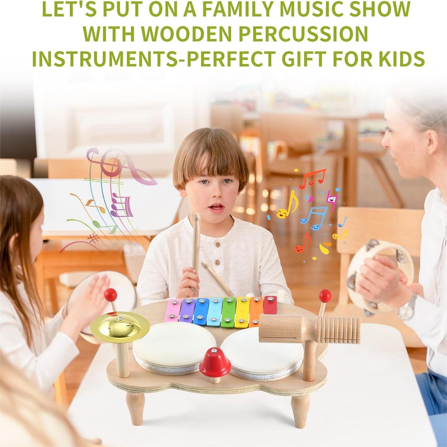Kids Drum Set, 5 IN 1 Kids Musical Instruments Xylophone for Kids Toddlers 1-3, Wooden Percussion Instrument Baby Music Toys, Baby Sensory Toys Christmas Months Birthday New Year Gifts for Girls Boys