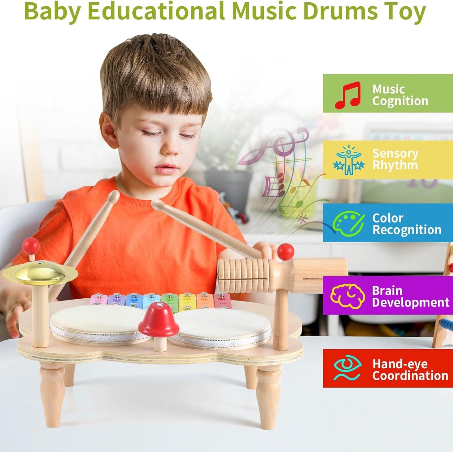Kids Drum Set, 5 IN 1 Kids Musical Instruments Xylophone for Kids Toddlers 1-3, Wooden Percussion Instrument Baby Music Toys, Baby Sensory Toys Christmas Months Birthday New Year Gifts for Girls Boys