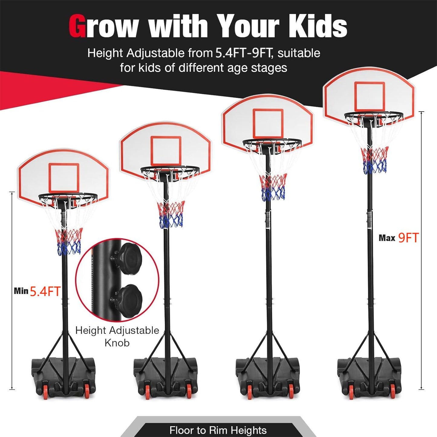 Portable Basketball Hoop System, 5.4FT to 9FT Height Adjustable Basketball Goal System with 30 inch PVC Backboard, Indoor Outdoor Portable Sport System with Fillable Base and 2 Transport Wheels
