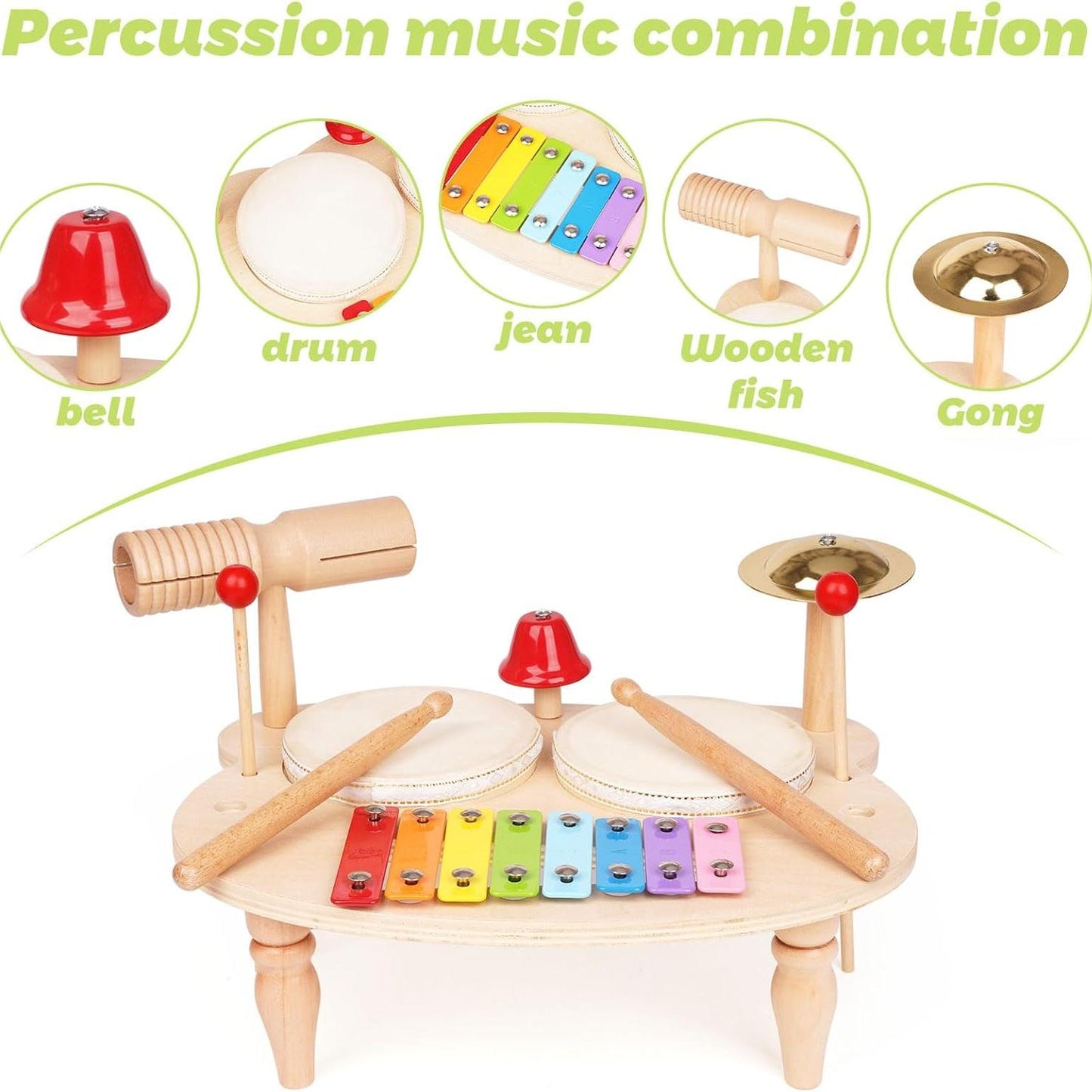 Kids Drum Set, 5 IN 1 Kids Musical Instruments Xylophone for Kids Toddlers 1-3, Wooden Percussion Instrument Baby Music Toys, Baby Sensory Toys Christmas Months Birthday New Year Gifts for Girls Boys