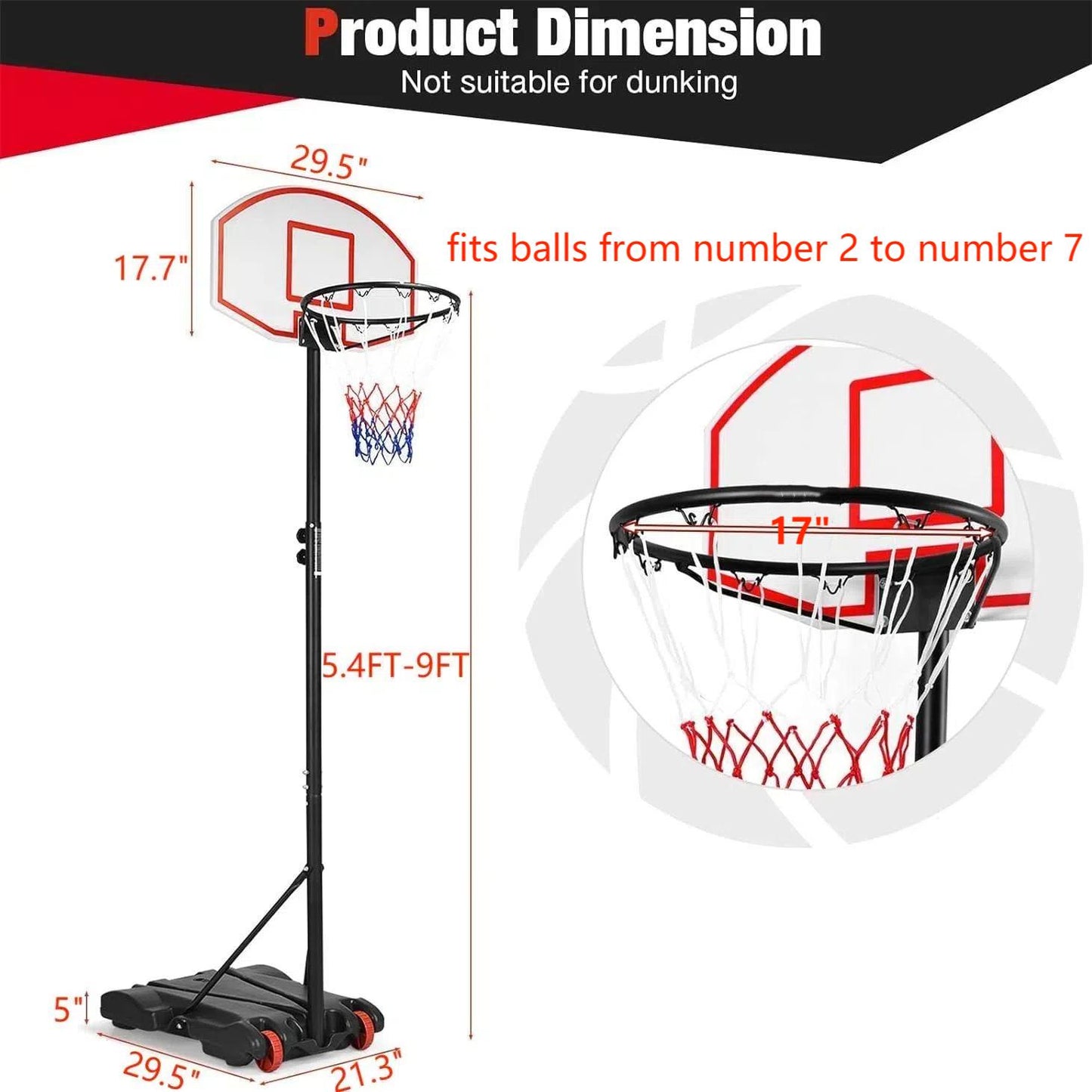Portable Basketball Hoop System, 5.4FT to 9FT Height Adjustable Basketball Goal System with 30 inch PVC Backboard, Indoor Outdoor Portable Sport System with Fillable Base and 2 Transport Wheels