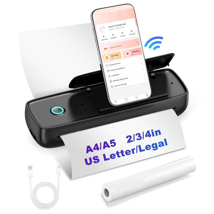 Portable Printer for Travel, Wireless Bluetooth Thermal Printer Supports 8.5 x 11 inch US Letter & A4 Thermal Paper, 300DPI Inkless Printer Compatible with Android iOS & Laptop for Office Car Home