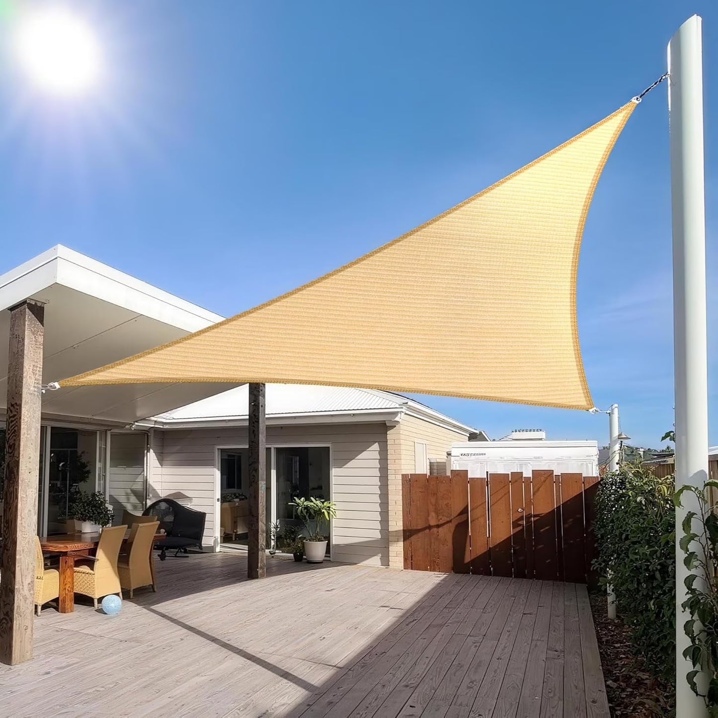 Sun Shade Sail Triangle Waterproof 16.5FT Outdoor Garden Patio Party Sunscreen Awing Triangle Canopy UV Block Sunshade for Patio Backyard Garden Lawn Outdoor with Free Rope, Beige Sand