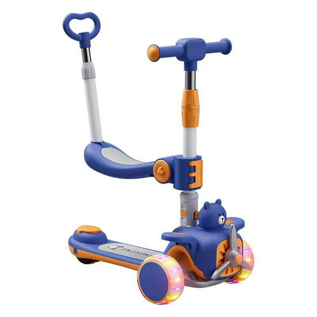 3-Wheeled Kids Scooter with Foldable Seat, Adjustable Handlebar & Push Bar, Light-up Wheels, Kick Scooter Sit or Stand Ride Kids Scooter with Brake for Boys Girls
