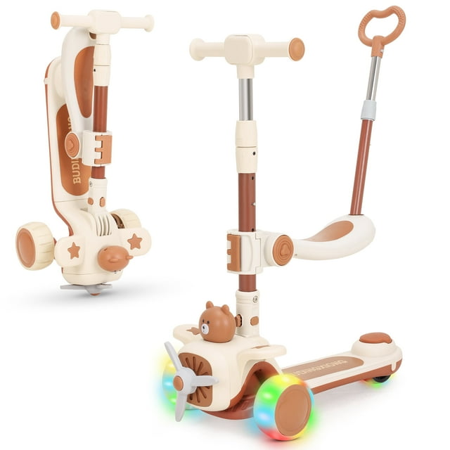3-Wheeled Kids Scooter with Foldable Seat, Adjustable Handlebar & Push Bar, Light-up Wheels, Kick Scooter Sit or Stand Ride Kids Scooter with Brake for Boys Girls