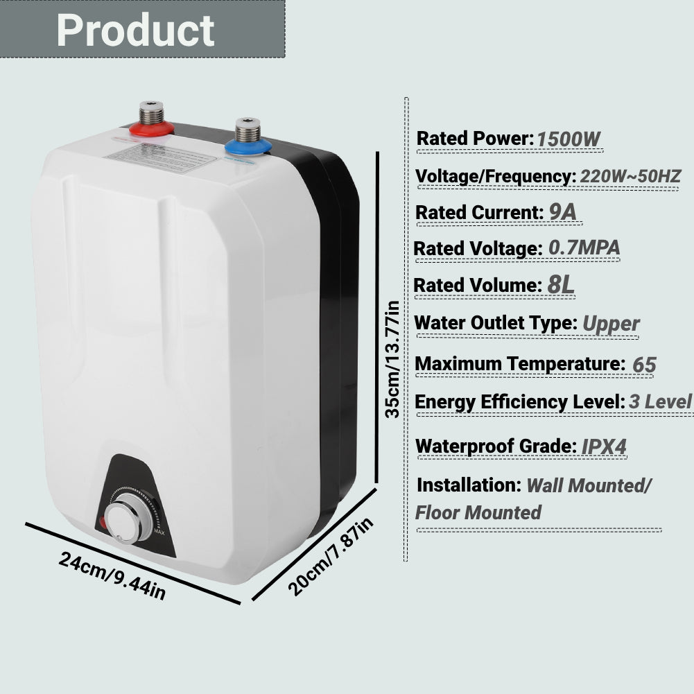 Fyydes 1500W 8L Electric Mini Water Heater Kitchen Shower Hot Water Heating System for Bathroom