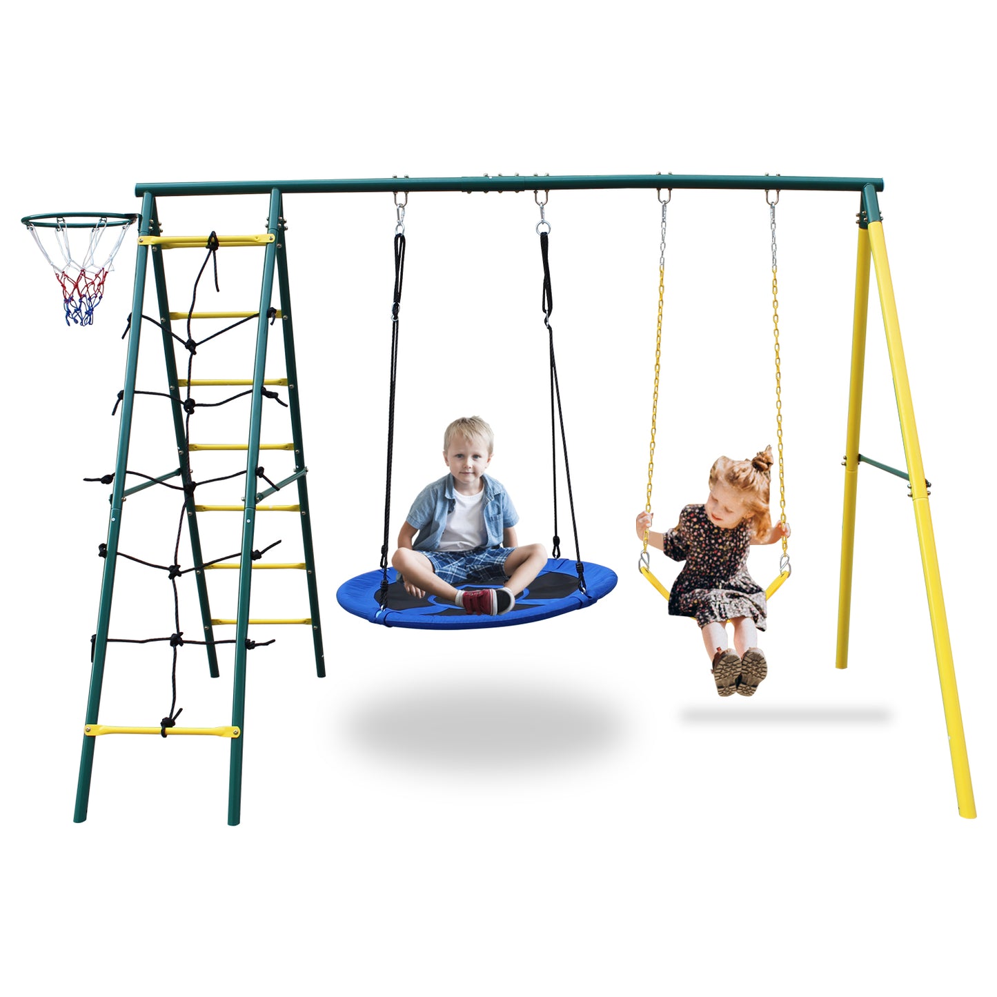 Swing Set with Ladder and Basketball Hoop for Kids Outdoor Backyard Playground