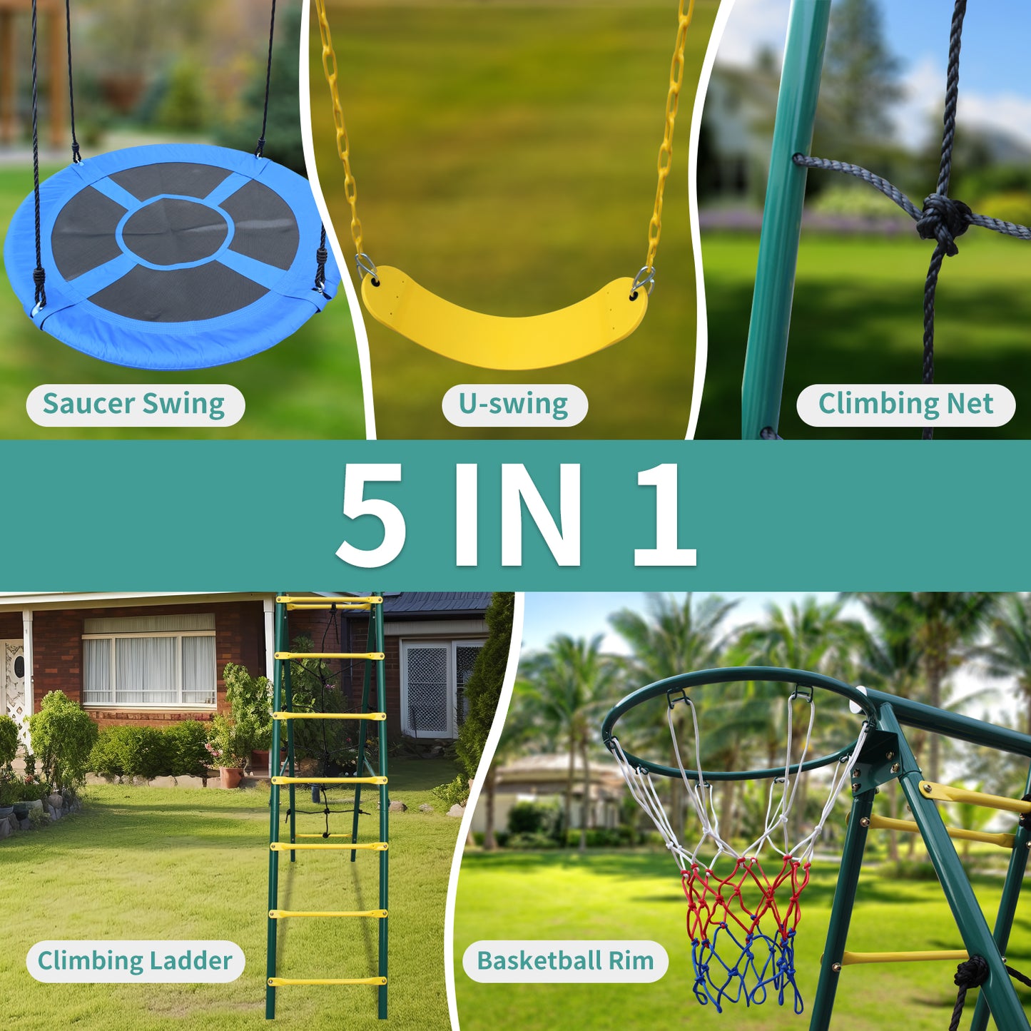 Swing Set with Ladder and Basketball Hoop for Kids Outdoor Backyard Playground