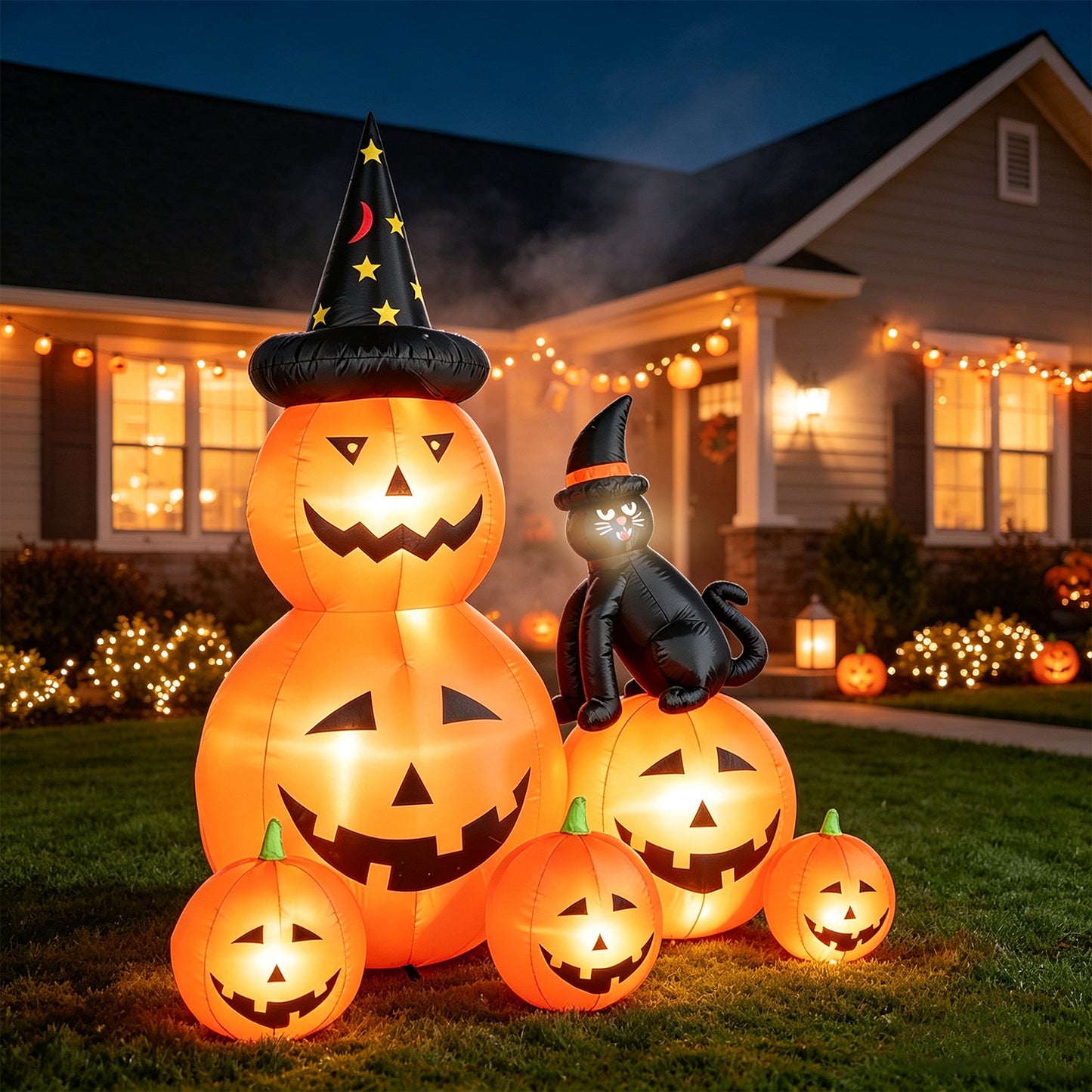 Halloween Inflatables Outdoor, 6FT Cute & Lighted Blow Up Decoration Pumpkin Family with Witch Hat and Black Cat, Large Halloween Inflatables Decorations with Lights for Yard, Holiday, Home
