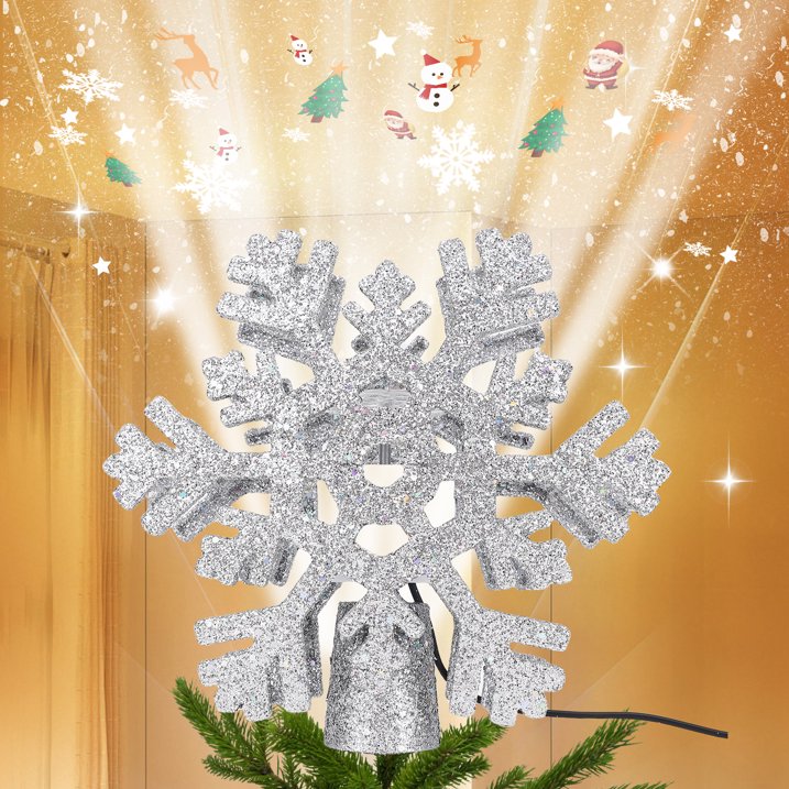Christmas Tree Toppers Lighted with 3 Projection Modes, Christmas Tree Snowflake Topper Built-in 3D Glitter LED Rotating Lights, Silver Tree Topper Christmas Decoration for Xmas Party Holiday Home