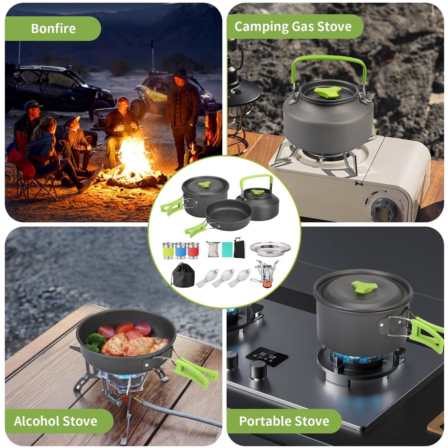 15pcs Camping Cookware Set with Mini Stove, Aluminum Camping Cookware Kit, Folding Camping Cooking Set with Non-stick Pot Pan Teapot Storage Bag for Camping Backpacking Outdoor Cooking Picnic