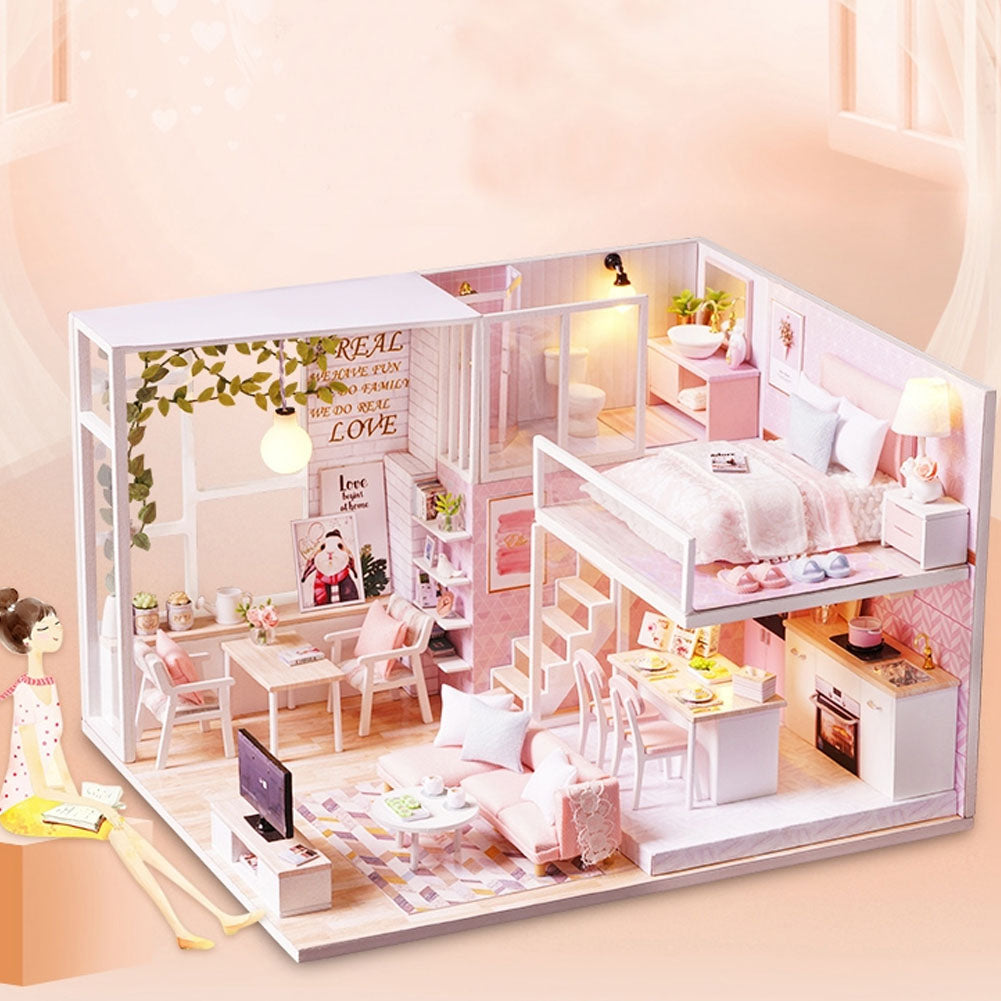 Dollhouse Miniature DIY House Kit Wooden Loft Doll House Apartment Pink Dollhouse Kit for Adults Teens Girls