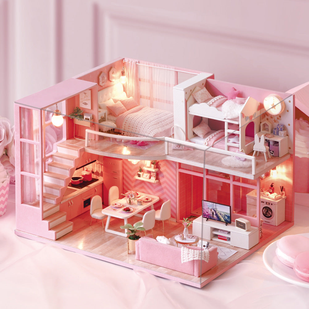 Dollhouse Miniature DIY House Kit Wooden Loft Doll House Apartment Pink Dollhouse Kit for Adults Teens Girls