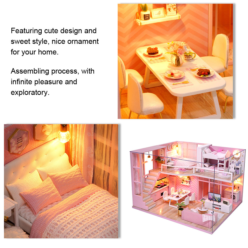Dollhouse Miniature DIY House Kit Wooden Loft Doll House Apartment Pink Dollhouse Kit for Adults Teens Girls