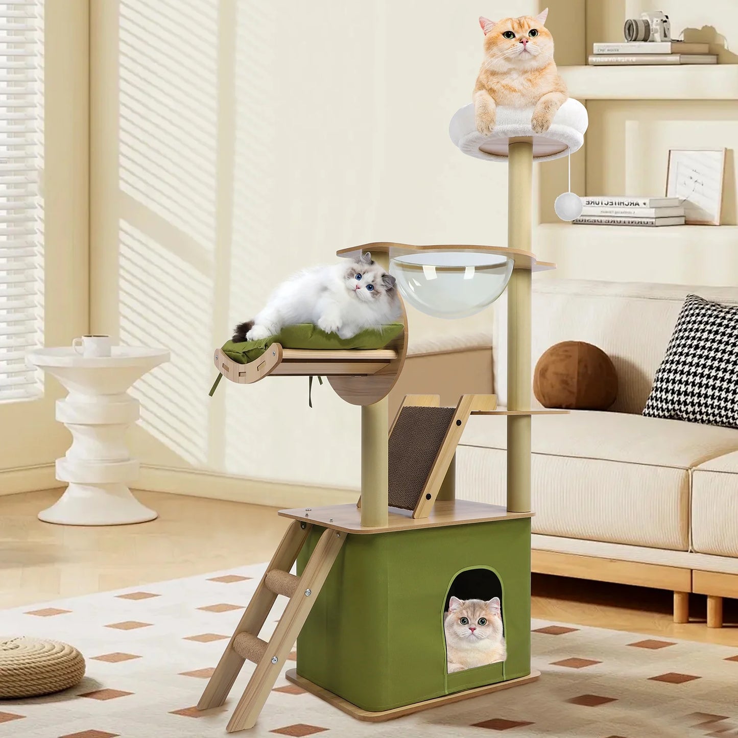 Cat Tree for Large Cats 55"Tall Cat Tower Condo with Scratching Post for Indoor Cats,Green