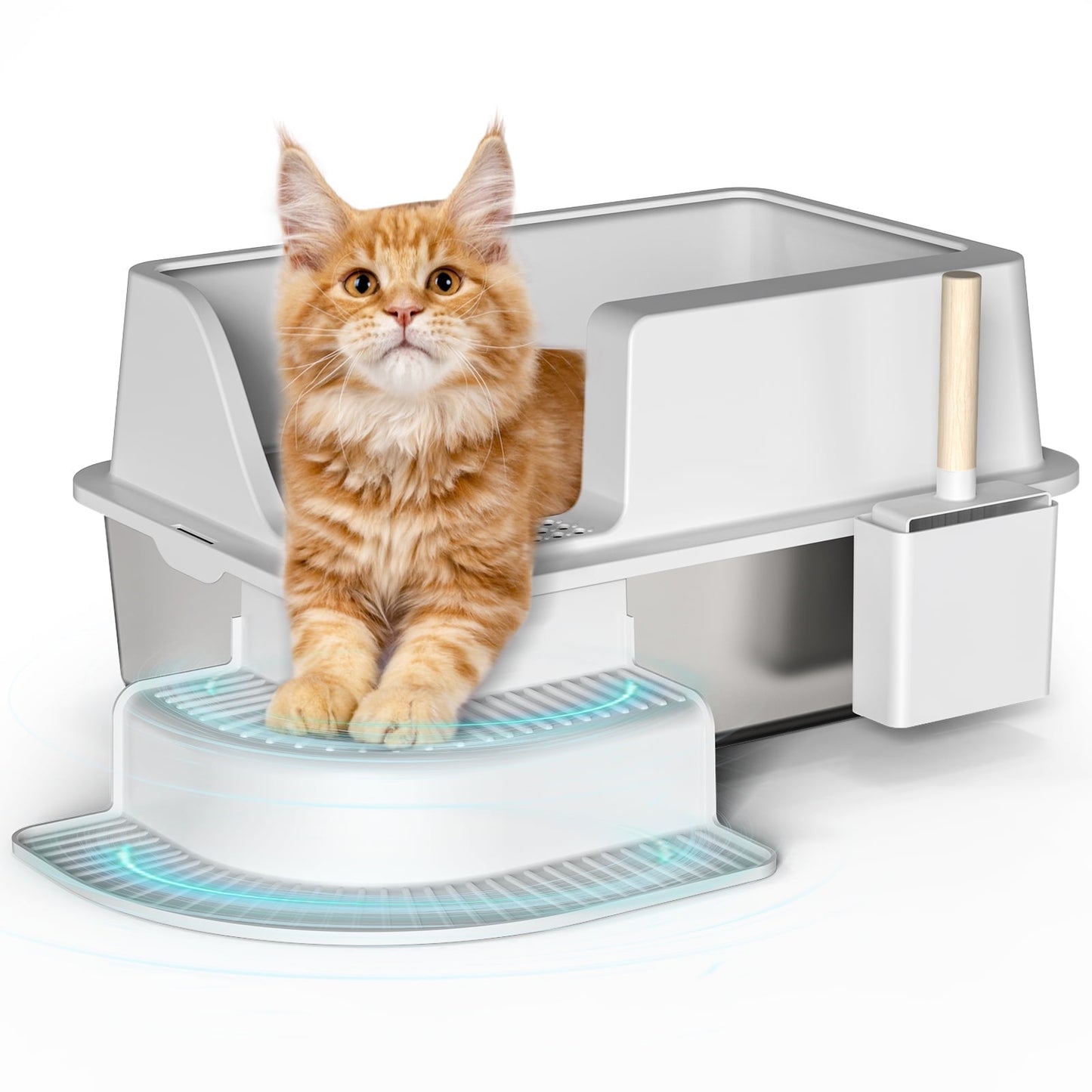 LHCER Enclosed Stainless Steel Cat Litter Box Extra Large Litter Box for Big Cats, High Side Enclosure Metal Litter Pan Tray with Scoop, Anti-Leakage, Easy Cleaning