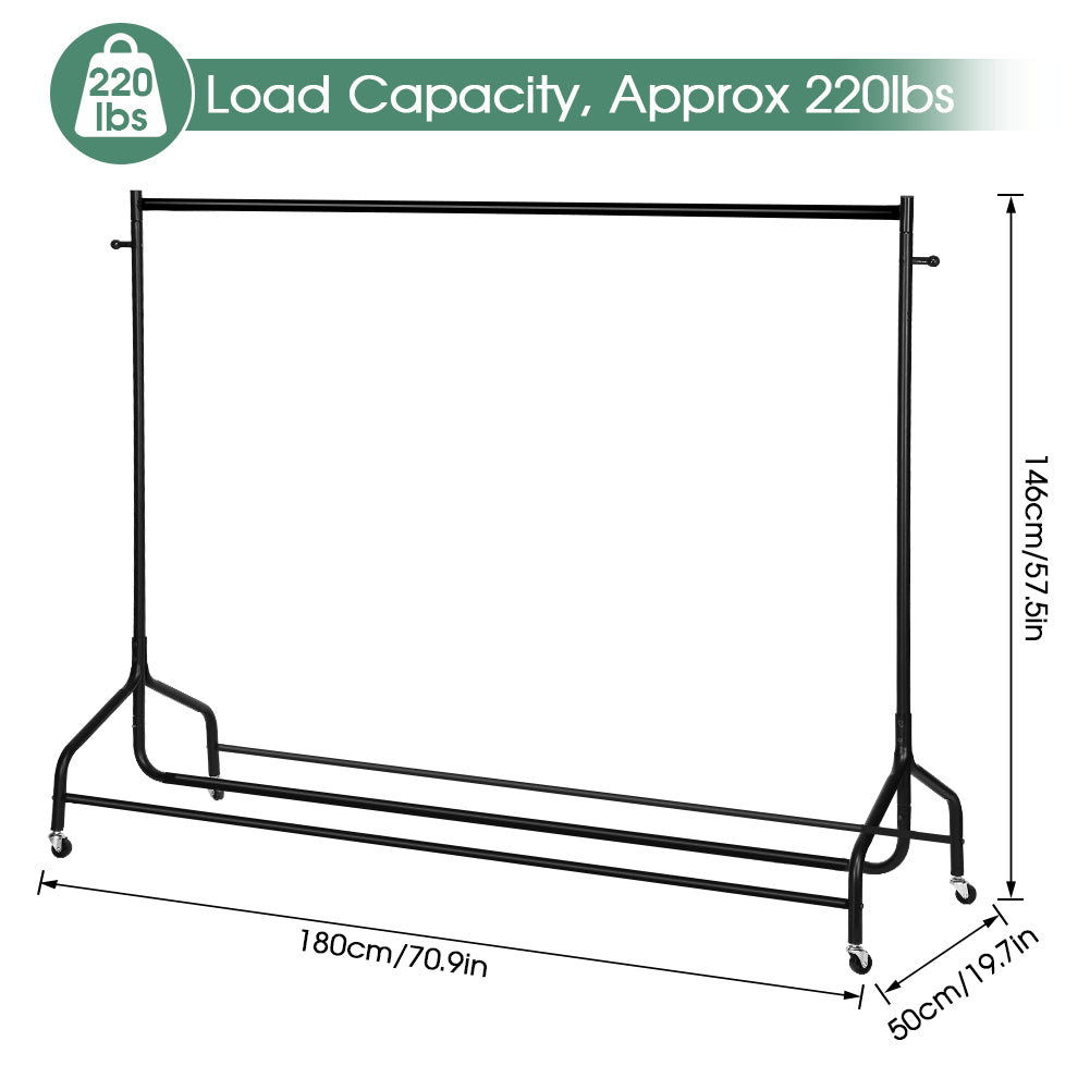 Fyydes Rolling Clothes Rack 6FT Metal Garment Clothes Rail Heavy Duty Hanging Rack Display Stand W/Wheel