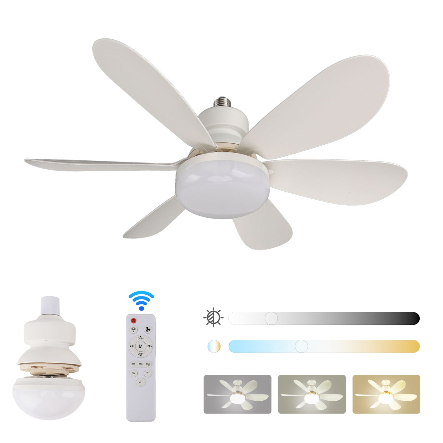 Socket Fan Light with Remote, 20.5in Small Ceiling Fan with 3-Speeds, Dimmable LED, E26/E27 Base, 6 Blades Light Socket Fan